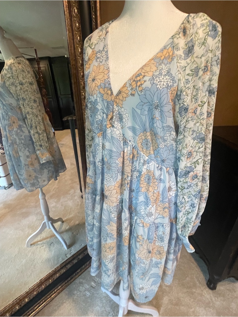 J. Crew Light Blue and Cream Floral V-Neck Tiered Mini Dress